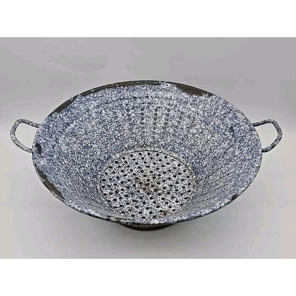 Antique Primitive Blue White Graniteware Enamelware Colander Strainer Farmhouse
